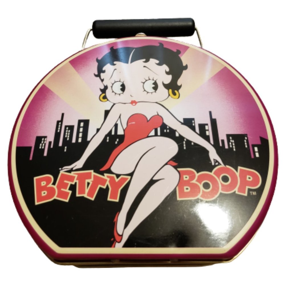 1998 Betty Boop #1 Lunch Box Tin "ROUND" Lights City Scape - 6"x6"x3" Pre-owned